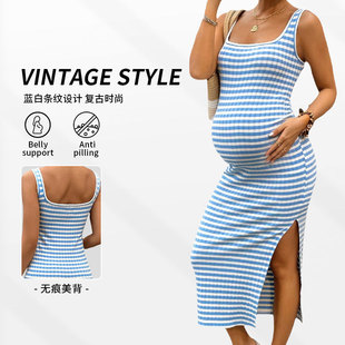 2025 European and American Cross-border Women's Summer Slim-fit Sexy Square Collar Striped Side Split Sleeveless Hip Pregnant Women's dress