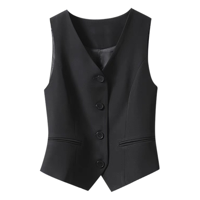 Negro con cuello en V traje pequeño Chaleco de las mujeres desgaste exterior retro corto apilado Chaleco de moda chaleco sin mangas chaleco superior
