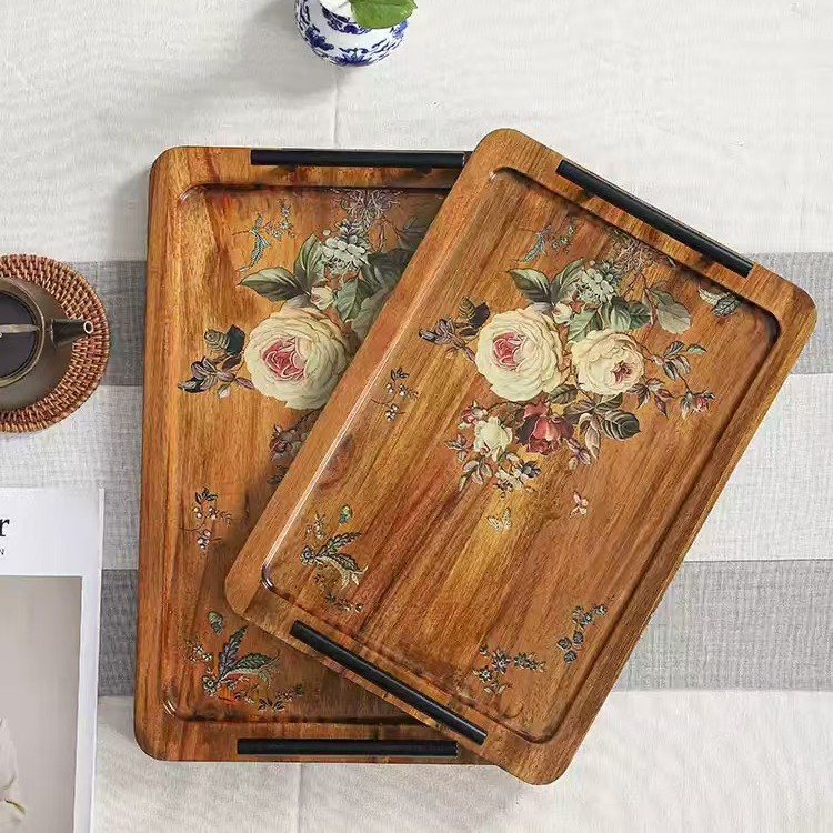 Acacia madera bandeja de té casera bandeja de infusión seca pequeña mesa de té estilo chino retrógrado olla de taza de té bandeja de almacenamiento de refrigerio bandeja de almacenamiento