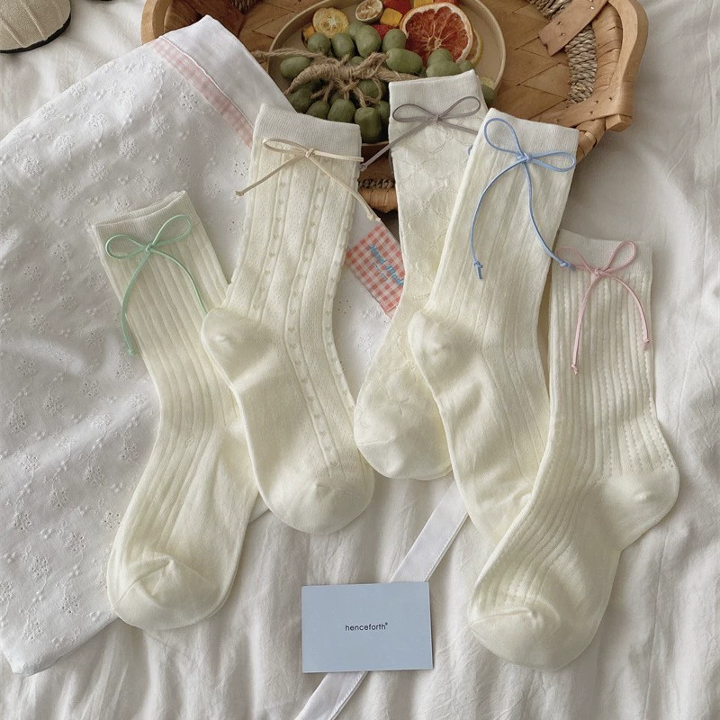 Knee socks Japanese style, women's 35–39, thin breathable spring–summer mid-length with bow