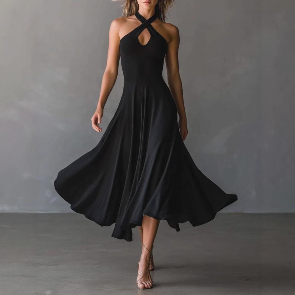 Women's Clothing Women's Retro Elegant Black Long Dress Keyhole Backless Halter Neck A Line For Formal & Casual For Women_ecoleips.com