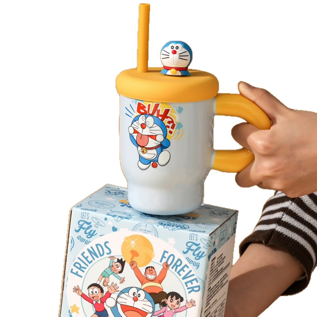 Caricatura creativa Dingdong gato taza de agua de paja personalidad Doraemon taza de cerámica regalo de mano adorable alto valor facial