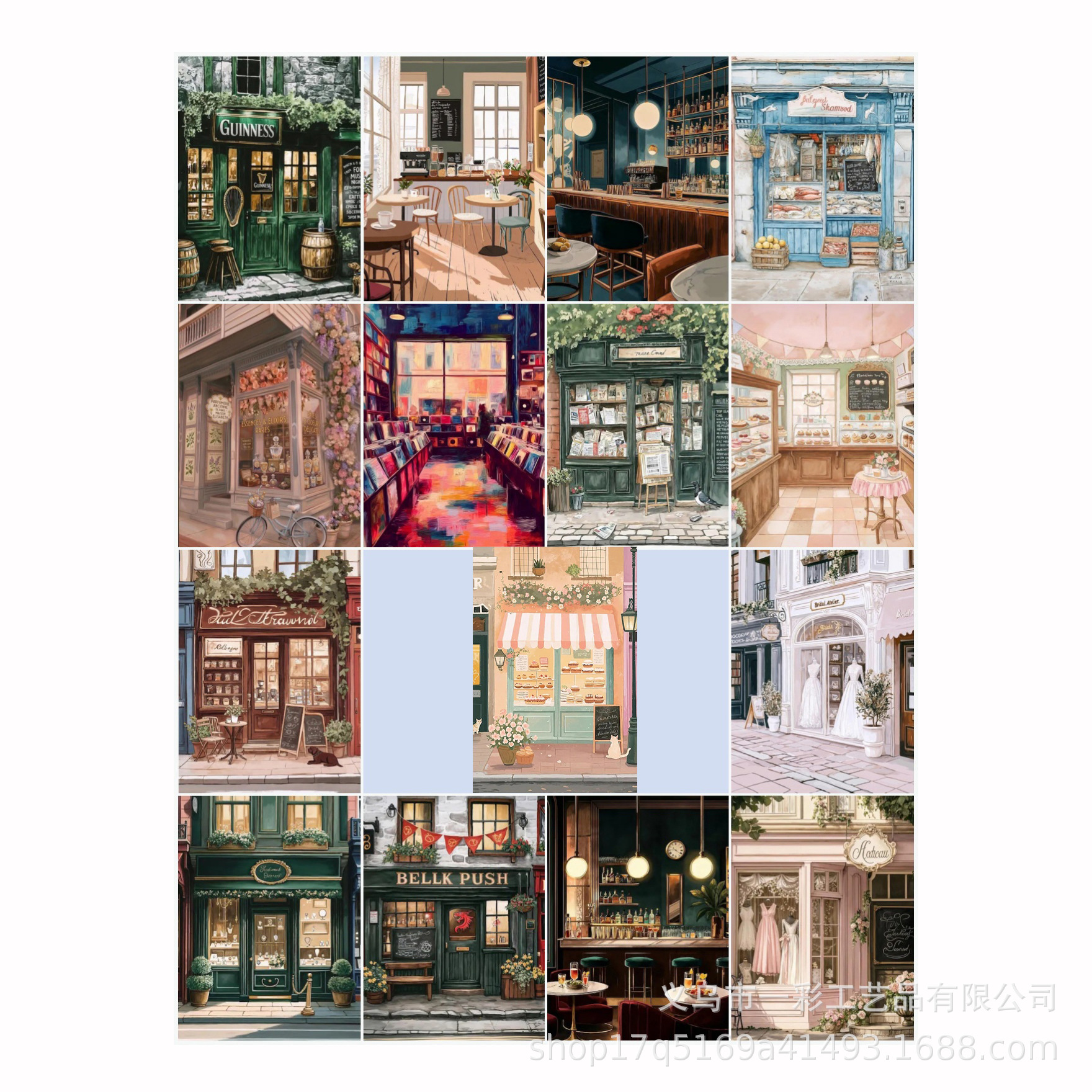 欧式复古街角小店系列帆布画印刷海报水彩风咖啡馆面包店书店装饰