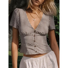 H 38994 Plaid Crop V-Neck Top ����¶�� V �������¿�ŷ��