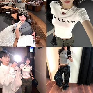 美式辣妹腊肠小狗印花正肩2026短袖t恤女夏季新款修身短款上衣潮