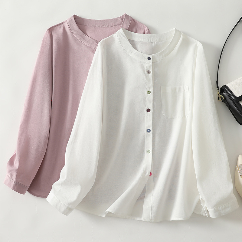 2025 Autumn New Model in Stock Washed Wrinkle Cotton Linen Breathable Comfortable Round Neck Long Sleeve Shirt Top