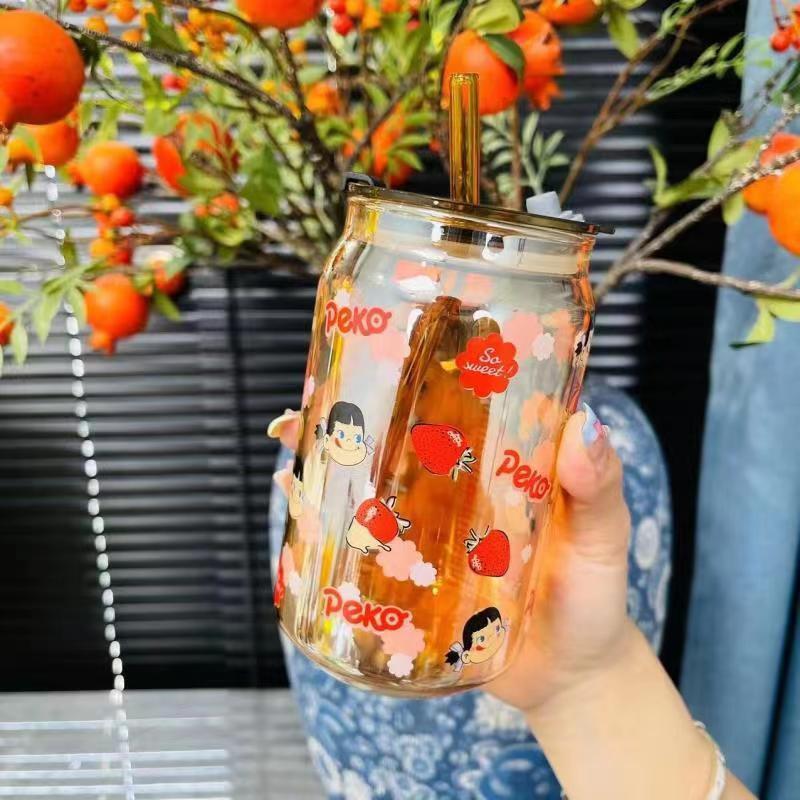 Taza de pajita de cola de viento ins personalizada Taza de vidrio transparente creativa Taza de vidrio de jugo de té con leche de café
