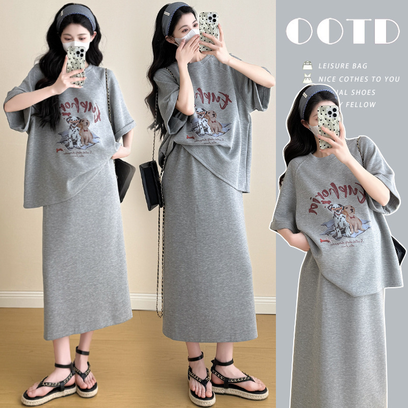 Summer New Style Lazy American Style Printed Casual T-Shirt Skirt Two-piece Set Pregnant Women suit