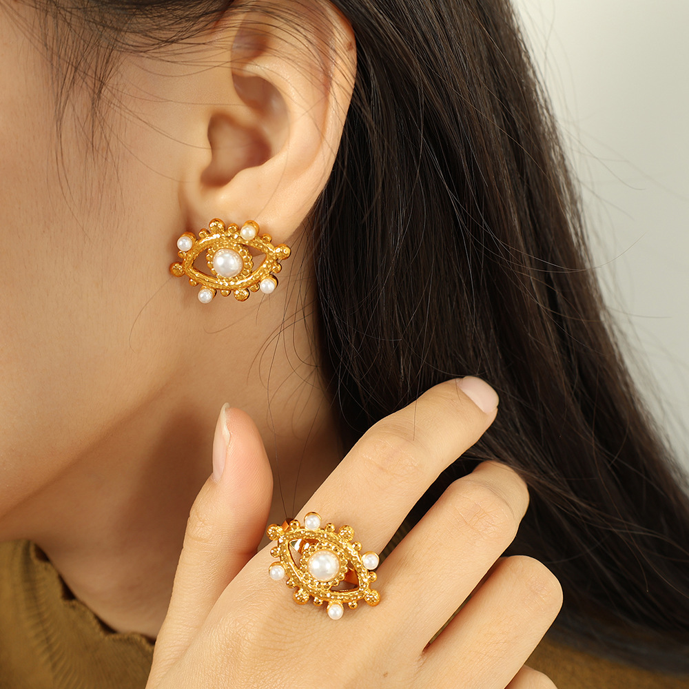 1 Pair Simple Series Punk Eye Stainless Steel 18K Gold Plated Artificial Pearl Women Stud Earrings h5 Picture8