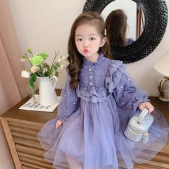 Korean version of purple children's clothing girls spring dress 2024 new splicing mesh skirt foreign style baby princess dress