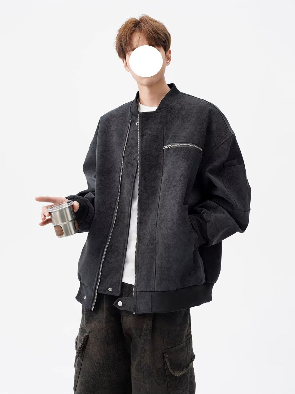 美式vintage棒球服男秋高街痞帅扎染皮夹克设计感短款工装外套潮|undefined