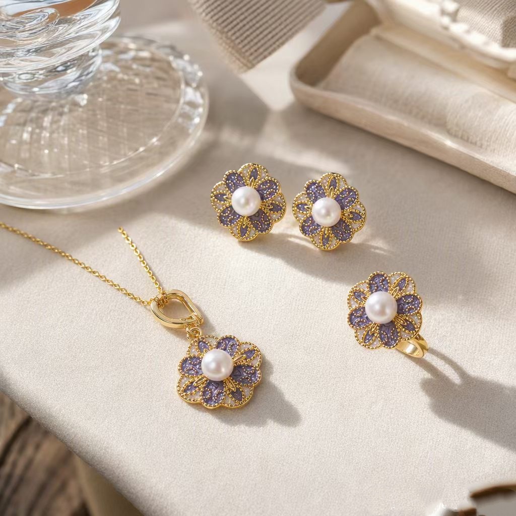 New Chinese-style pearl earrings, high-end luxury niche pearl pendant and ring three-piece set, wholesale jewelry for women