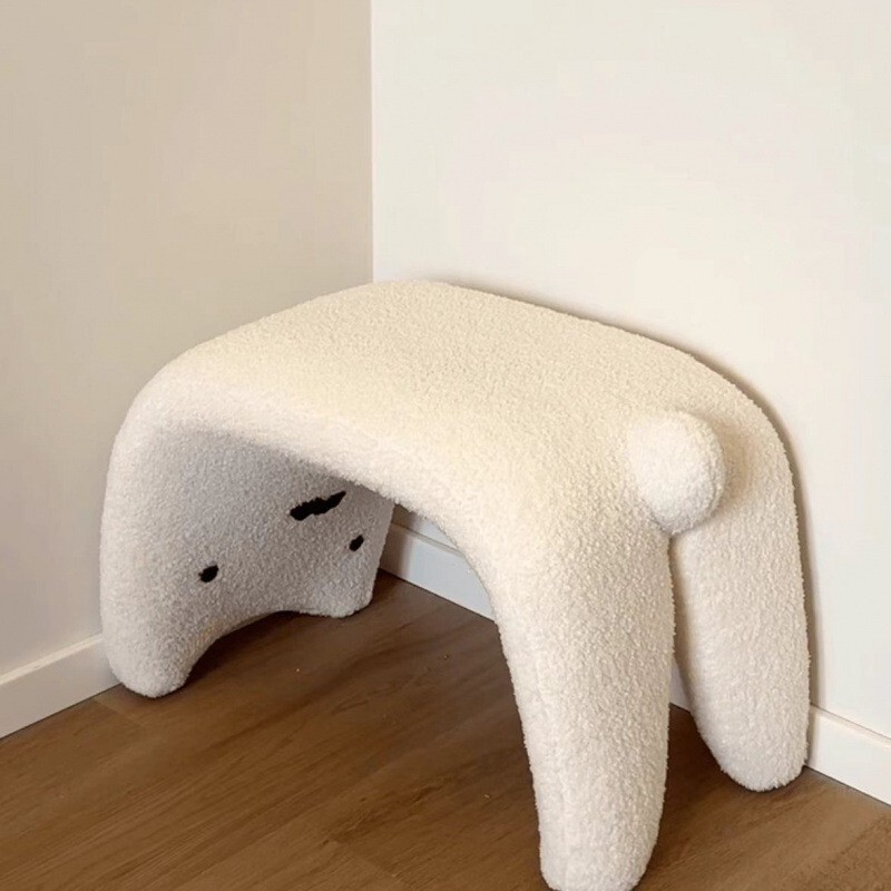 Cute Cat Wooden Stool for Home Entrance, Shoe Bench, Entryway Stool, Foyer Sofa Stool, Lambswool Dressing Makeup Stool