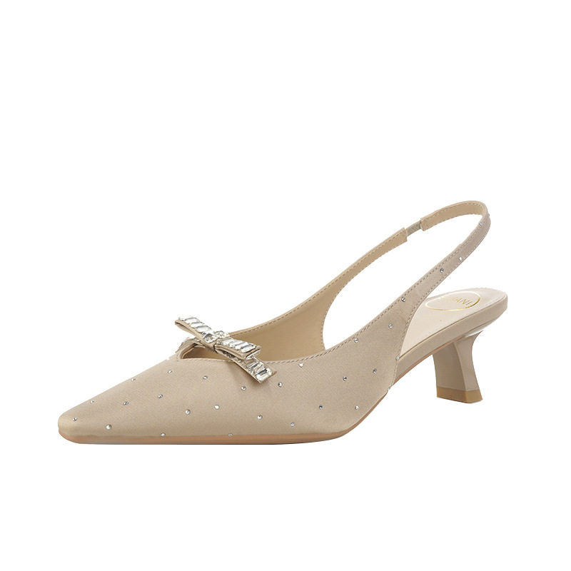 Sandal nữ bít mũi hở gót chất liệu satin đính đá, gót vuông thấp 3–6 cm — Màu be, Màu hồng nhạt, màu đen