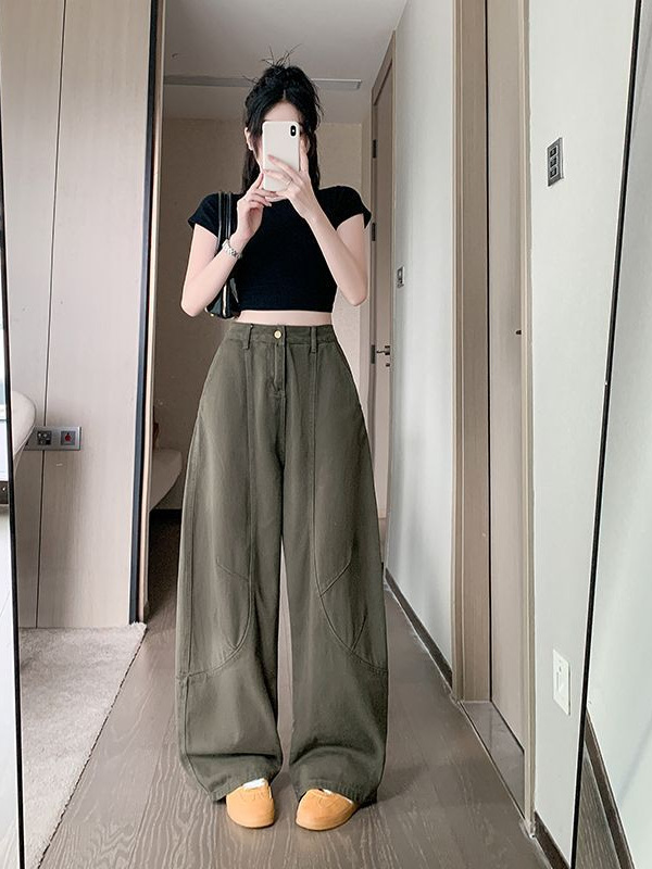 女性用のレトロなアーミーグリーンのスナイパーパンツのリアルショット、春と秋の新しいスタイルのリラックスしたシルエットのルーズデニムオーバーオールロングパンツ|undefined