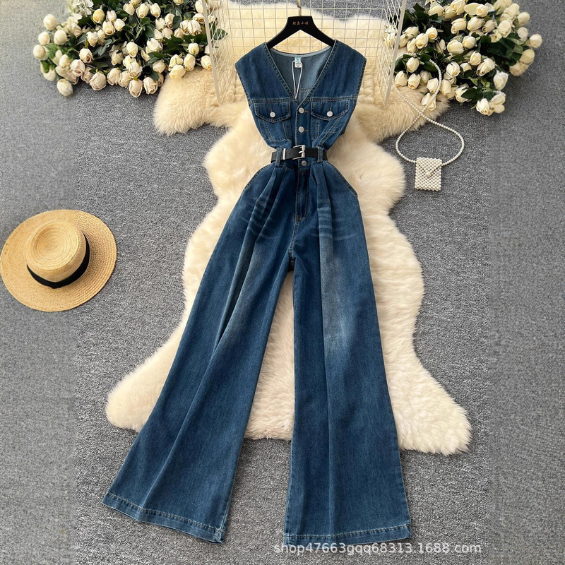 Light and Sophisticated Retro Fashion V-Neck Sleeveless Jumpsuit for Women 2025 Summer High-End Strappy Waist Denim Wide-Leg Pants