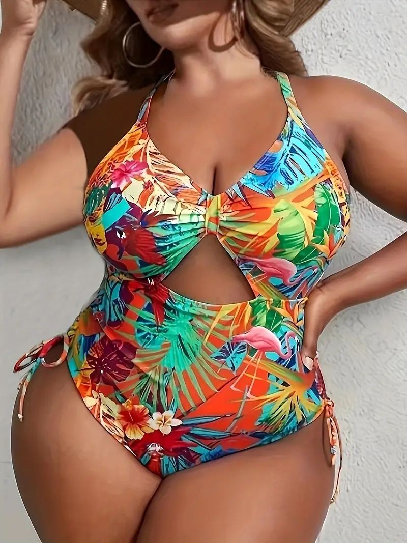 Tropical Pattern Hollowed-out Cross-back Strap Multi-color Printed Sexy Plus-size Swimsuit TK014_voghion.com