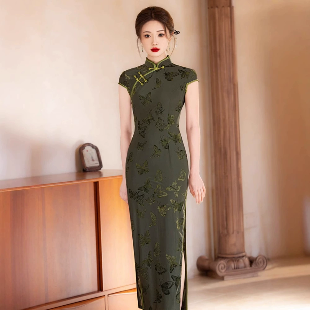Bei Ziyun | Дождь Xiaoxiao | Зеленый cheongsam красит и крашит новое платье в китайском стиле высокого уровня тонкого тонкого повседневного