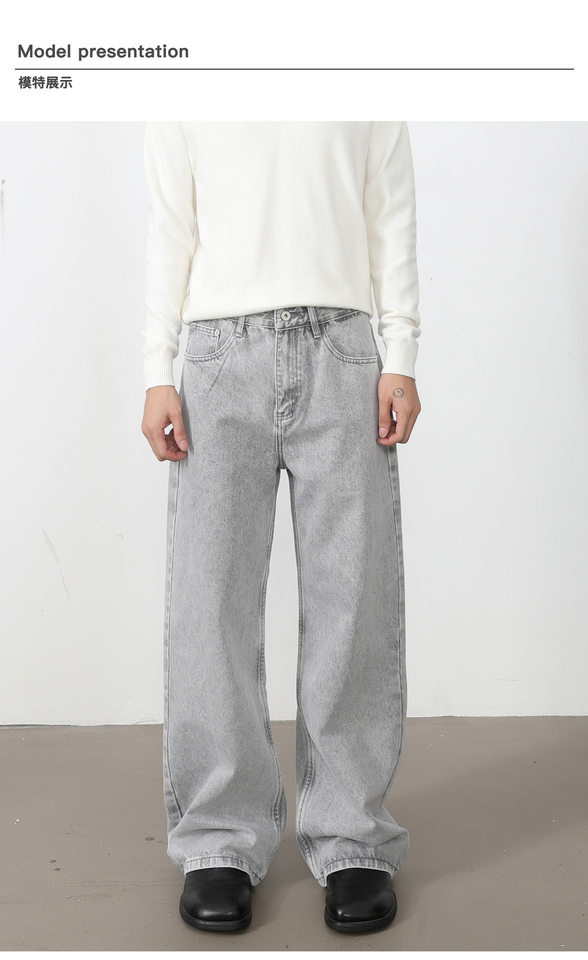 Quần jean nam ống rộng dáng suông thoải mái kiểu Mỹ, vải denim xử lý giặt mài, lưng trung, dài quần — Xanh da trờicolor, Xám đen, màu xám nhạt chi tiết 8