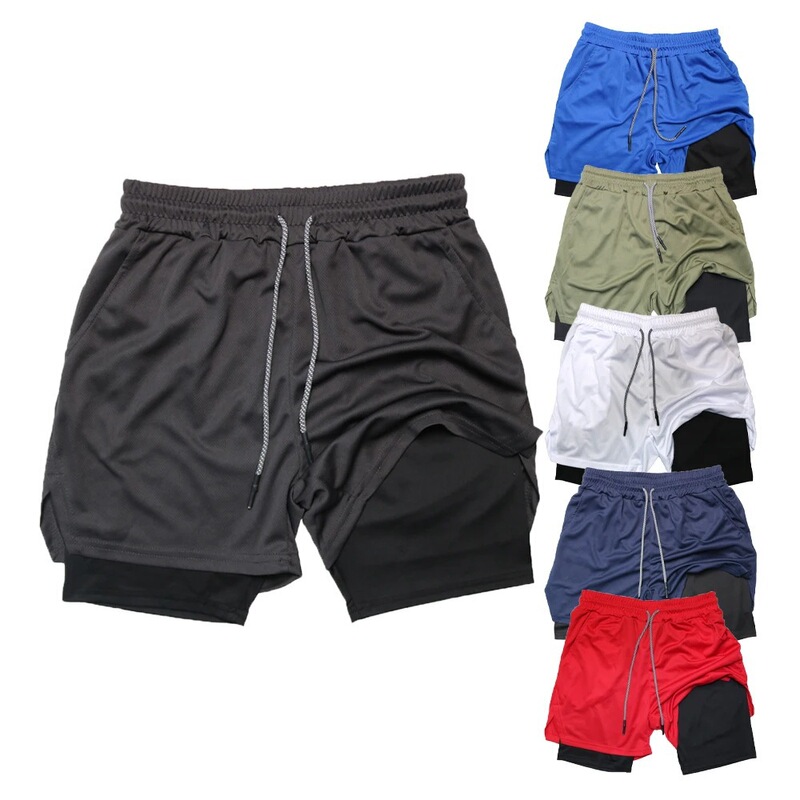 Men's Double Layer Fitness Shorts Men's Fitness Gym Training 2 in 1 Sports Shorts Quick Dry Workout Jogging