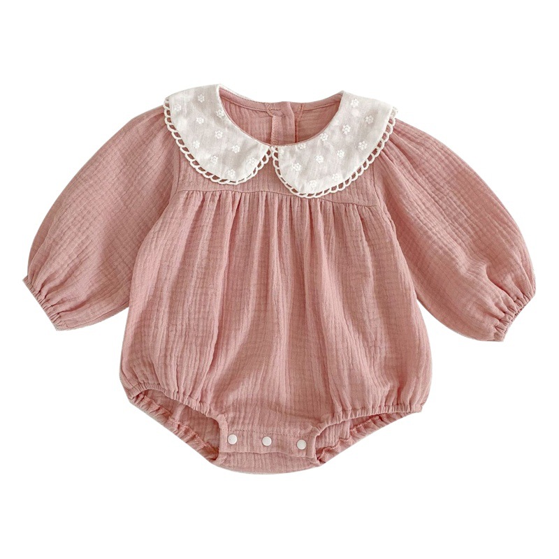 2024 primavera bebé niña mono simple color sólido manga larga vaina todo partido muñeca collar triángulo mameluco