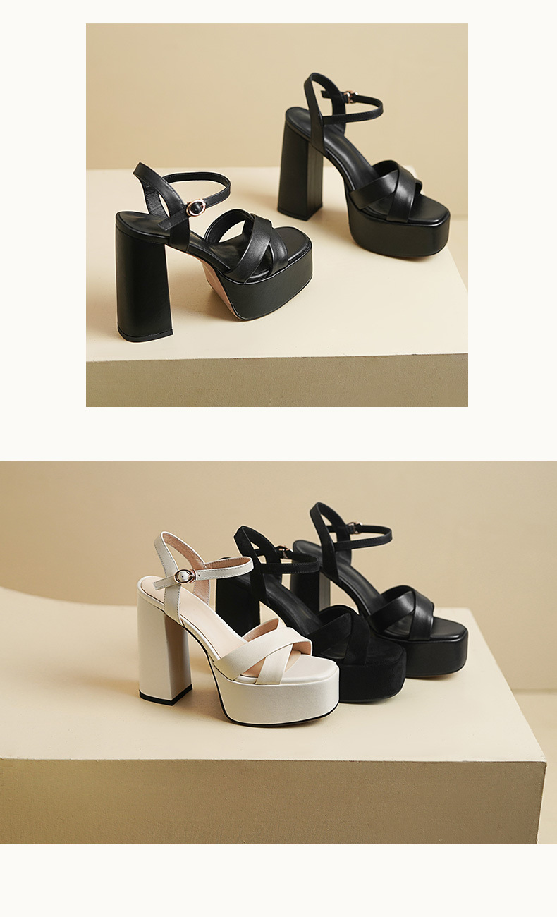 Sandal cao gót nữ hở mũi quai ngang khóa, gót 12 cm — Da bò trắng gạo chi tiết 11