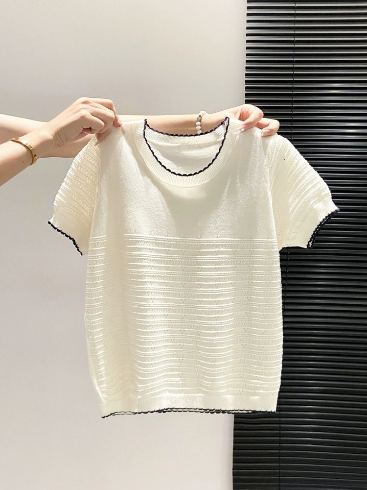 Áo thun nữ tay ngắn dệt kim phối xếp nếp phong cách Hàn Quốc — màu xanh nhạt