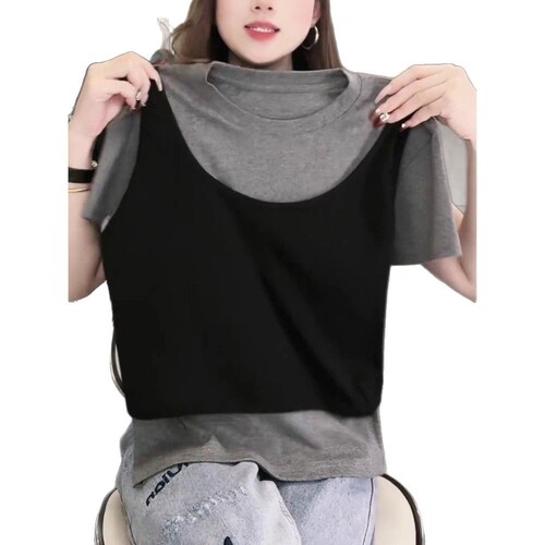 Pure cotton new 2025 summer black fake two-piece short-sleeved T-shirt for women with large size age-reducing temperament slimming design half-sleeved