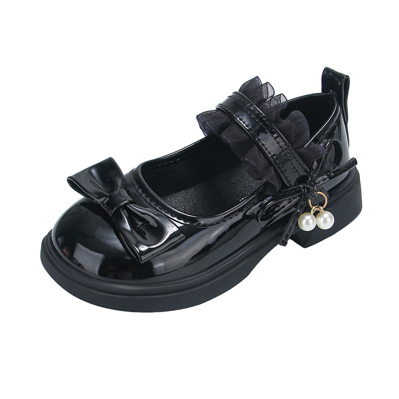 Zapatos de cuero de niñas dulces zapatos de arco princesa 2025 nuevos zapatos negros para niños zapatos de solos británicos