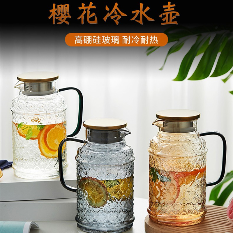 復古海棠花冷水壺家用玻璃耐高溫涼水壺大容量高顏值泡茶水杯套裝