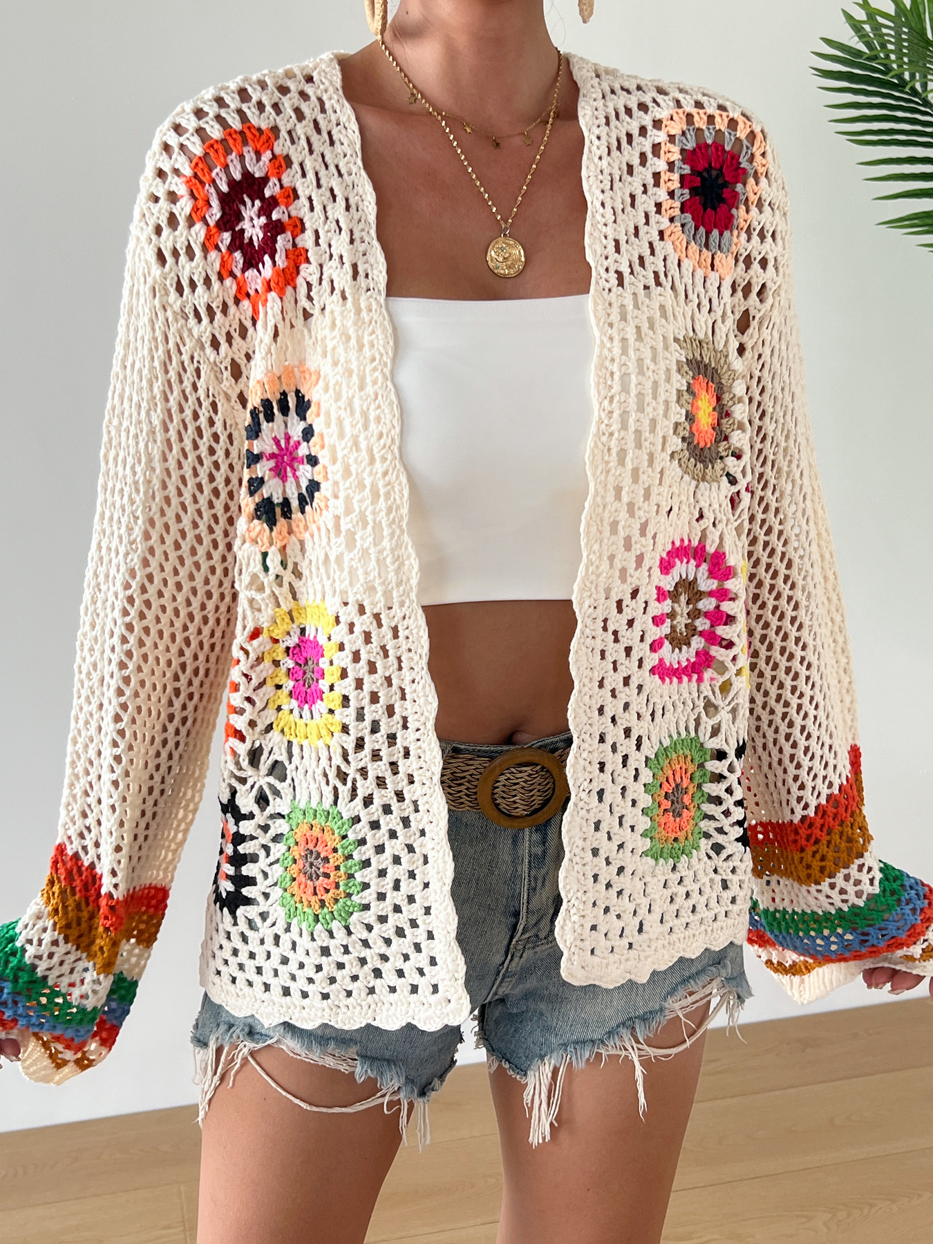 ハンドフックニット長袖上着春秋新作ボヘミアンカラー格子鉤織手作り女装クロスボーダー