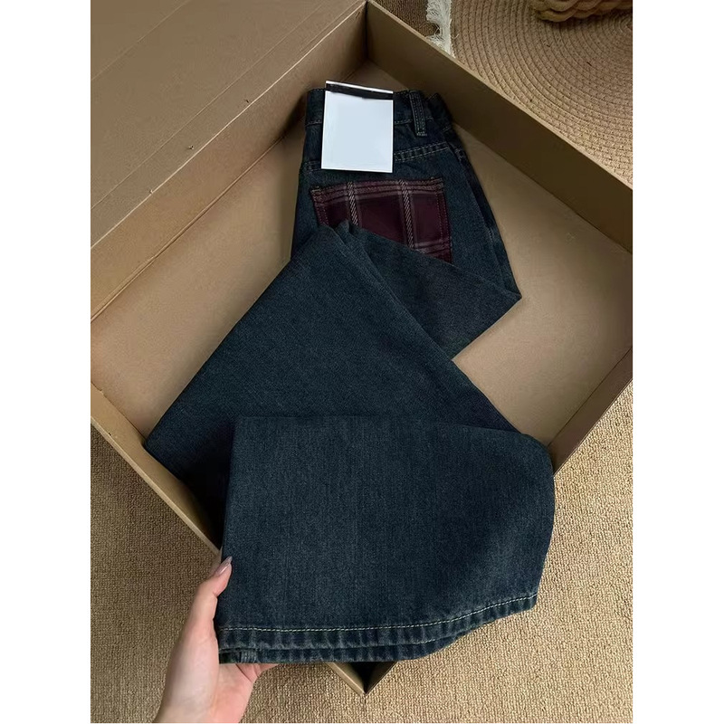 American Style Retro Plaid Pocket Wide-leg Jeans Women's Loose Slimming Straight Pants Casual All-match Mop Pants American Style Retro Plaid Pocket Wide-leg Jeans Women's Loose Slimming Straight Pants Casual All-match Mop Pants