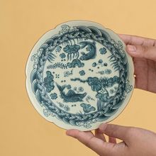 米黄汝窑鱼藻纹壶承开片壶托茶托盘家用复古功夫茶具茶点盘点心盘