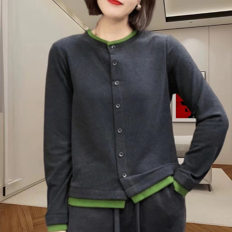 Threaded German Velvet Long-Sleeved T-Shirt Autum New Fashion Slimming Look Contrast Color Cardigan Shirt Inner Wear Outer Top for Women