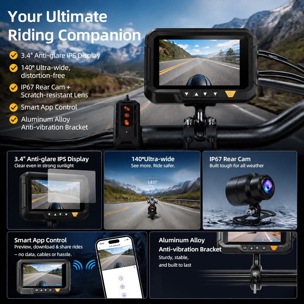 Cross-border motorcycle recorder, high-definition waterproof motorcycle recorder, WiFi connectivity, dual front and rear recording of driving trajectory
