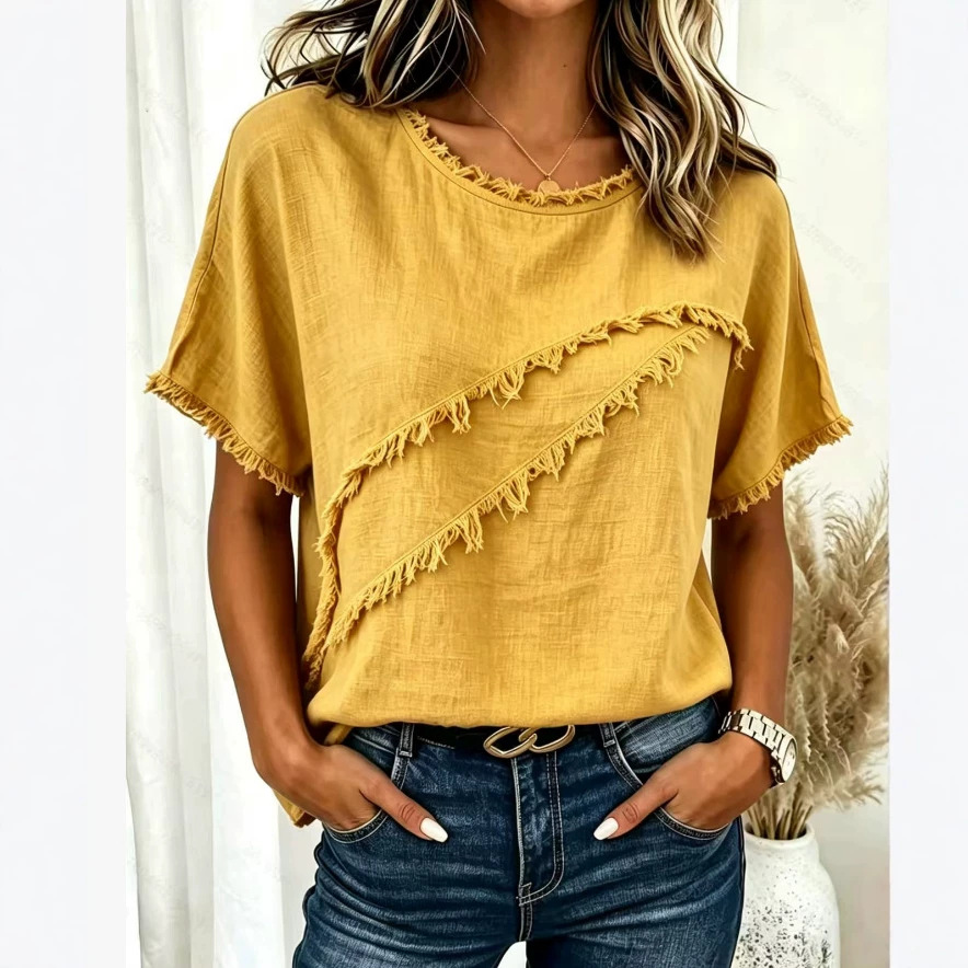 Camisa de mujer de manga corta con cuello redondo, borlas y patchwork, de algodón y lino, nueva colección primavera-verano._voghion.com