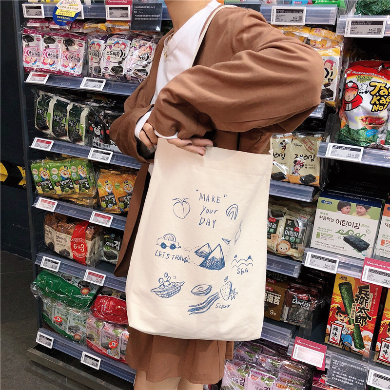 99304 ins single-shoulder hand-carry canvas bag, cute cartoon illustration tote bag for girls, student trend undefined