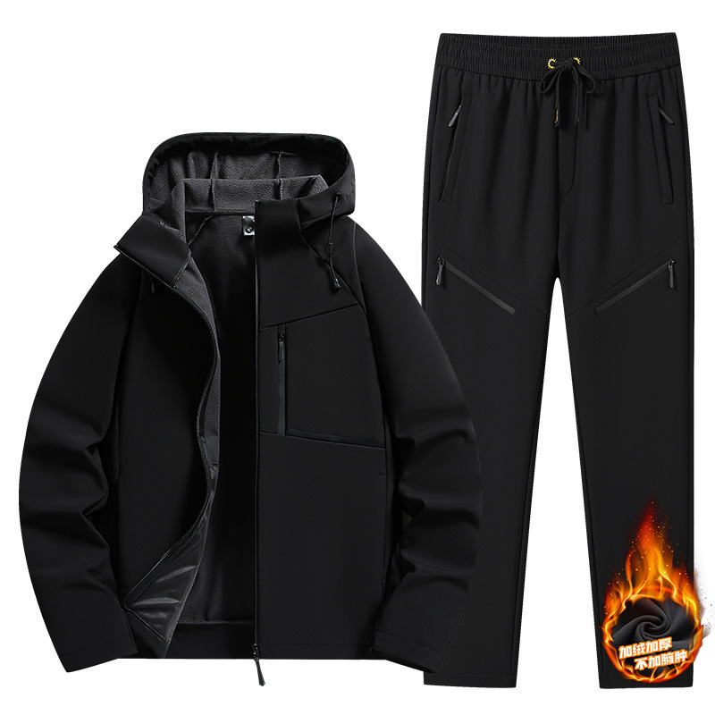 Soft Shell Jacket Men's Autumn and Winter Velvet Thickeneded Warm Jacket Loose Couple Suit Stand Collar Jacket Pants