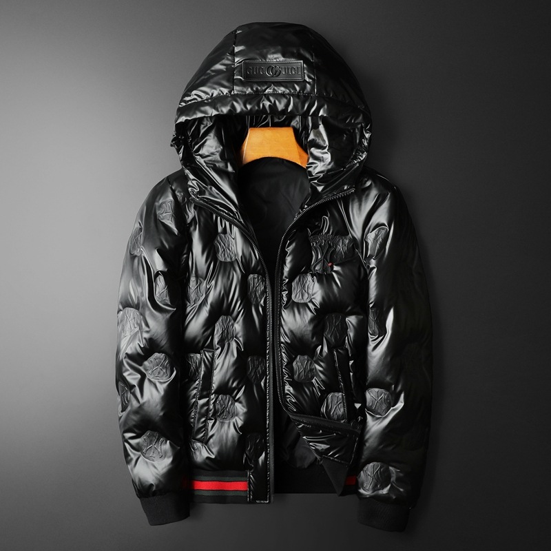 유럽 2024년 신상 광택 다운 재킷 겨울 남성 후드 코트 따뜻한 흰색 오리털 대형 사이즈 트렌디 브랜드