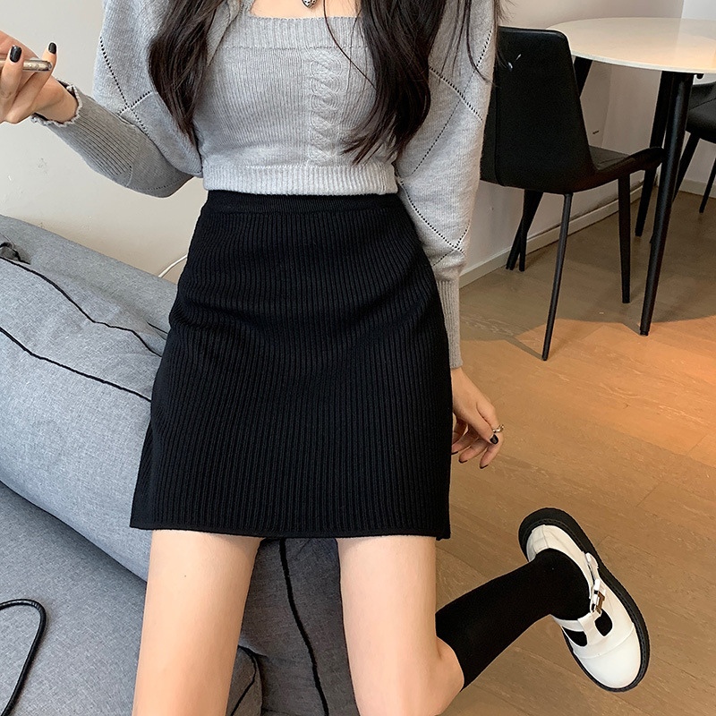 松紧腰弹力针织半身裙女2025秋冬新款高腰纯色坑条A字包臀短裙子|undefined