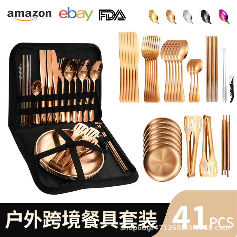 Cross-Border Stainless Steel 6-Person Cutlery Set, Picnic Steak Knife, Fork, Spoon, Outdoor Tableware, Custom Cutlery Bag