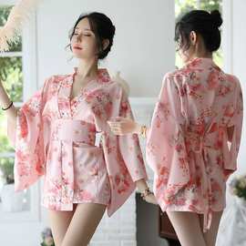 跨境日韩情趣内衣女亲肤丝滑雪纺印花樱花和服套装开襟衣浴袍厂家