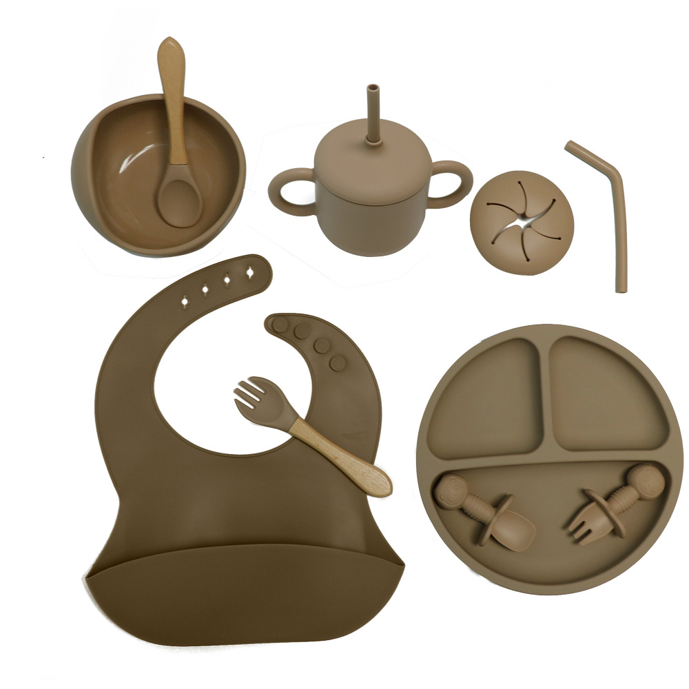  Set de vajilla infantil de silicona, 10 piezas, incluye plato, tazón, cubiertos y babero, ideal para bebés