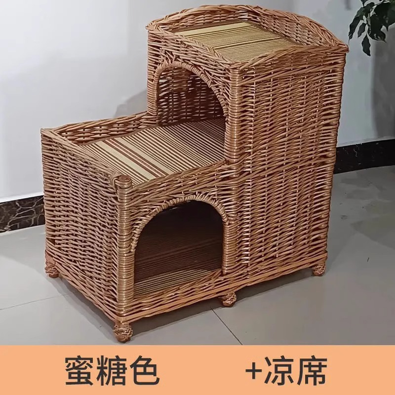 Casa de verano universal de cuatro estaciones de ratana trapezoidal tejida felina de cachorro tejida de sauce de doble capa desmontable y lavable para mascotas