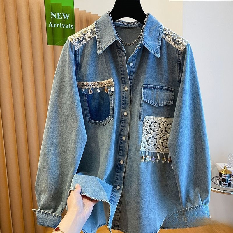 Shenzhen Nanyou European-Style Denim Shirt for Women, Spring 2026 New Model, Loose Lace Shoulder Patchwork Shirt Jacket Top Shenzhen Nanyou European-Style Denim Shirt for Women, Spring 2026 New Model, Loose Lace Shoulder Patchwork Shirt Jacket Top