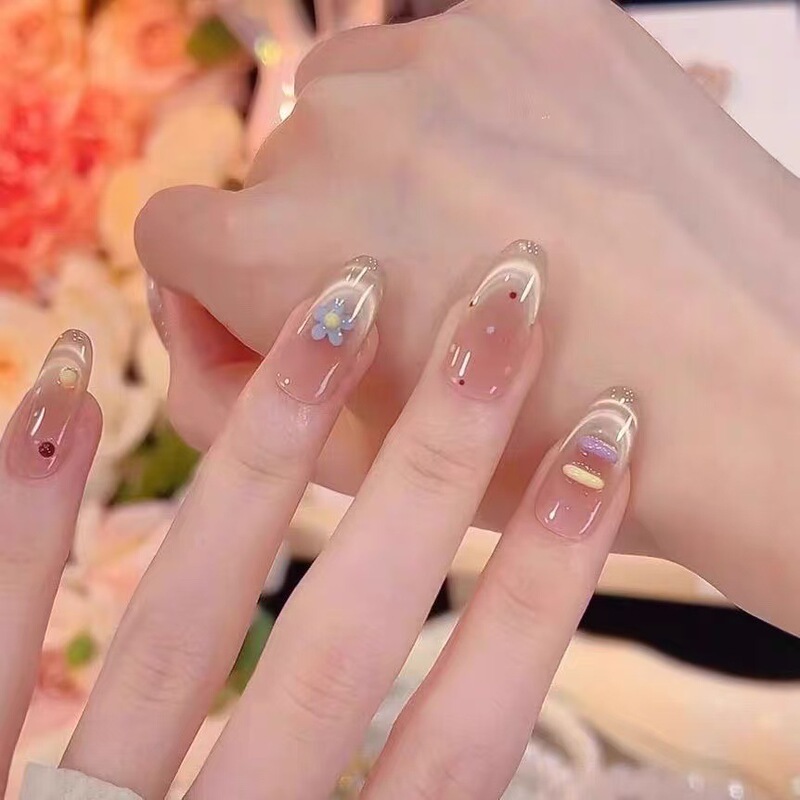 New Spring and Summer Pure Handmade Nail Art with Cute Little Flowers, French Cat-Eye Style, Brightening Effect, Elegant and Detachable Wearable Nail Patches