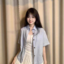 日系复古蓝色衬衫女2025夏季新款宽松百搭休闲男女款条纹短袖衬衣