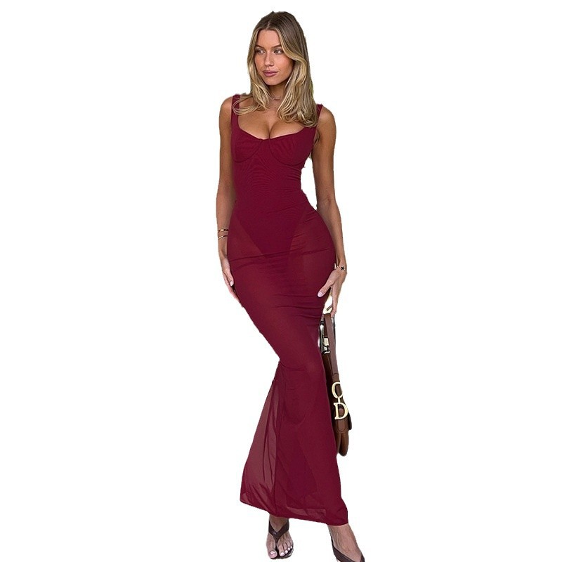 Nueva moda transfronteriza de moda europea y americana temperamento delgado empalme de malla sexy de espalda larga larga