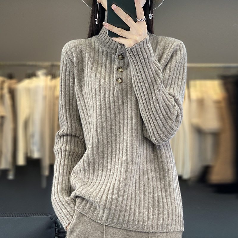 25 New Autumn and Winter 100 Woolen Sweaters for Women, Buttoned Loose Sweaters, Pure Color Striped Wool Knitted Tops