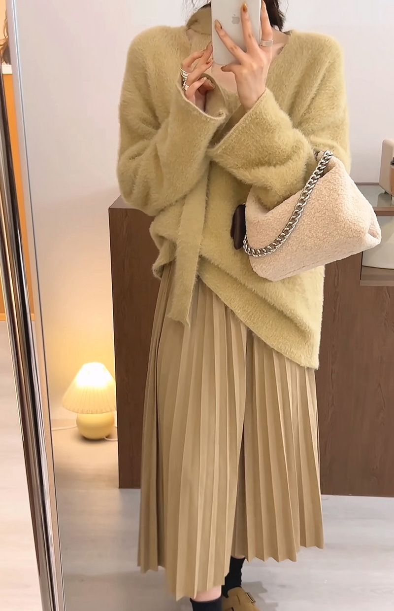 Sciarpa con scollo a V in stile coreano con pullover in pelliccia di visone, morbida maglia appiccicosa per l'autunno e l'inverno delle donne_voghion.com